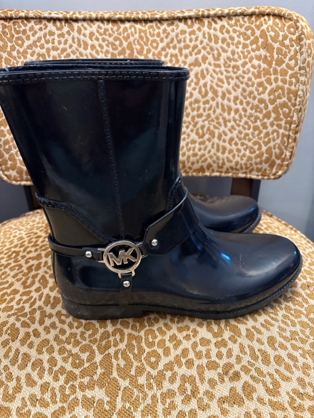 Michael Kors Black Glossy Mid-Calf Rain Boots with MK Emblem